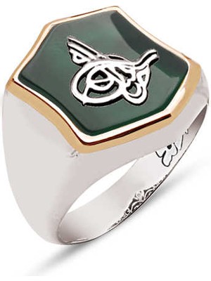 Amberkan Gümüş Yeşil Akik Taş Üzeri Tuğralı Yüzük