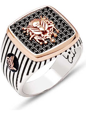 Amberkan Gümüş Siyah Zirkon Taş Üzeri Osmanlı Devlet Armalı Yanları Osmanlı Tuğralı Erkek Yüzük