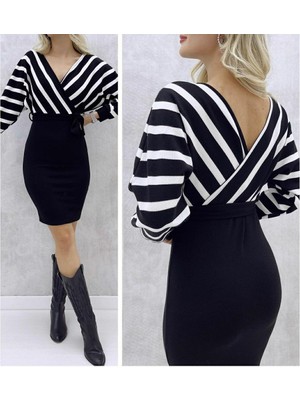 Twomeey Kadın Çizgi Desenli Kruvaze Yaka Midi Boy Triko Elbise