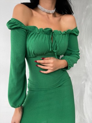 Twomeey Kadın U Yaka Bağcık Detay Balon Kol Bürümcük Kumaş Elbise (Renk Seçenekli)