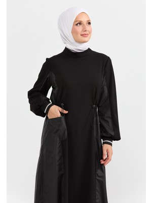 SETRMS Siyah Paraşüt Kumaş Mixli Beli Ayarlanabilir Cepli Elbise 2315022