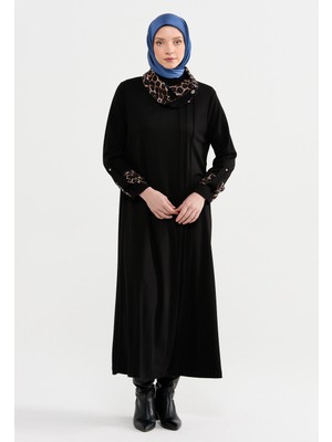 SETRMS Siyah Leopar Desen Mixli Yaka Detaylı Örme Elbise 2315065