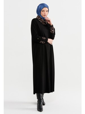 SETRMS Siyah Leopar Desen Mixli Yaka Detaylı Örme Elbise 2315065