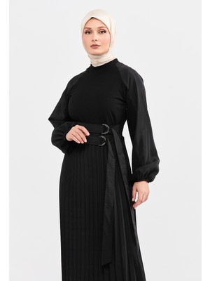SETRMS Siyah Pilili Paraşüt Kumaş Mixli Elbise 2315015