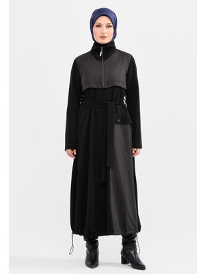 SETRMS Siyah Paraşüt Kumaş Mixli Fermuar Detaylı Beli Kuşaklı Örme Elbise 2315041