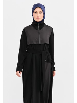 SETRMS Siyah Paraşüt Kumaş Mixli Fermuar Detaylı Beli Kuşaklı Örme Elbise 2315041