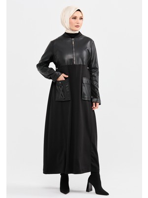 SETRMS Siyah Deri Mixli Fermuar Detaylı Belden Ayarlanabilir Cepli Örme Elbise 2315013