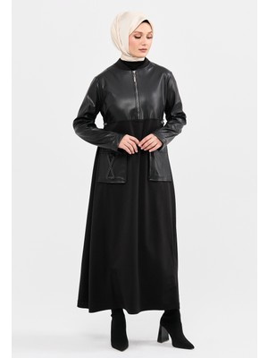 SETRMS Siyah Deri Mixli Fermuar Detaylı Belden Ayarlanabilir Cepli Örme Elbise 2315013