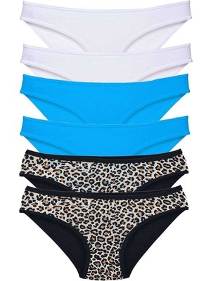 Royaleks 6 Adet Likralı Kadın Slip Külot Leopar Beyaz Mavi