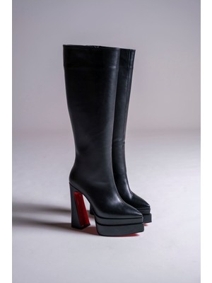 Siyah Cilt Çift Platform Tasarım Kadın Çizme Yüksek Topuklu Ayakkabı Jolly