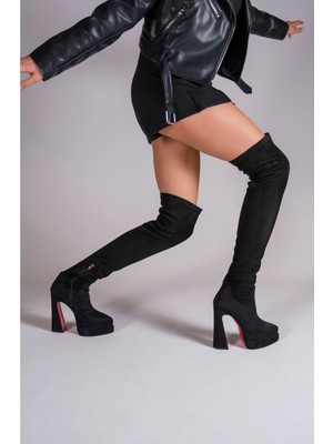 Siyah Süet Çift Platform Tasarım Kadın Çizme Yüksek Topuklu Ayakkabı Brewery