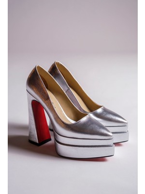 Gümüş Kırışık Çift Platform Özel Tasarım Kadın Ayakkabı Rigel