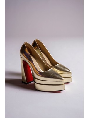 Altın Kırışık Çift Platform Özel Tasarım Kadın Ayakkabı Rigel