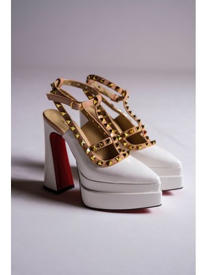 Beyaz Rugan Nude Rugan Trok Detaylı Platform Tasarım Kadın Yüksek Topuklu Ayakkabı Reina