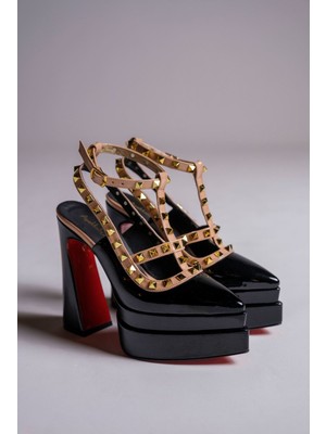 Siyah Rugan Nude Rugan Trok Detaylı Platform Tasarım Kadın Yüksek Topuklu Ayakkabı Reina