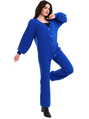 Modaness Kadın Mavi Düğme Detaylı Hırka Pantolon Triko Alt-Üst Takım