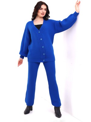 Modaness Kadın Mavi Düğme Detaylı Hırka Pantolon Triko Alt-Üst Takım