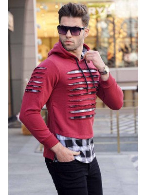 Madmext Bordo Yırtık Detaylı Kapüşonlu Sweatshirt 2656