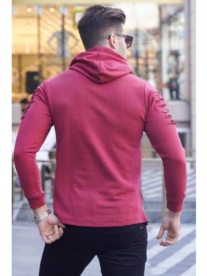 Madmext Bordo Yırtık Detaylı Kapüşonlu Sweatshirt 2656