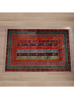 Perhal Etnik Desen Eskitme Renkli Bambu Yumuşak Dokulu Dekoratif Kaydırmaz Yıkanabilir Halı Kilim Yolluk