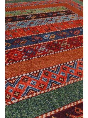 Perhal Etnik Desen Eskitme Renkli Bambu Yumuşak Dokulu Dekoratif Kaydırmaz Yıkanabilir Halı Kilim Yolluk