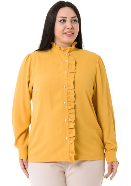 Büyük Beden Hakim Yaka Ön Patı ve Yakası Fırfırlı Sarı Gömlek