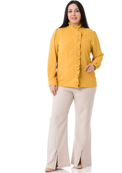 Büyük Beden Hakim Yaka Ön Patı ve Yakası Fırfırlı Sarı Gömlek fiyatları