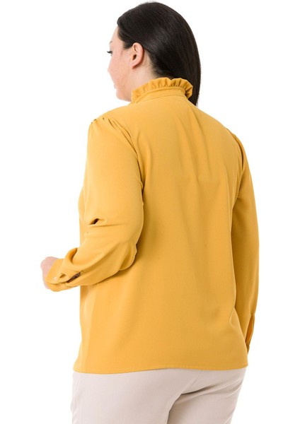 Büyük Beden Hakim Yaka Ön Patı ve Yakası Fırfırlı Sarı Gömlek modelleri