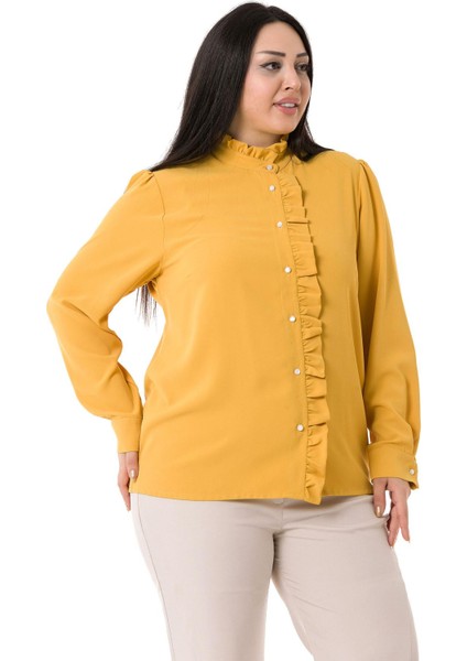 Büyük Beden Hakim Yaka Ön Patı ve Yakası Fırfırlı Sarı Gömlek fırsatları
