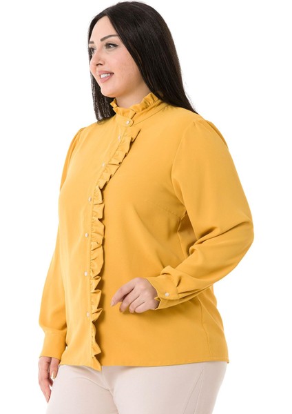 Büyük Beden Hakim Yaka Ön Patı ve Yakası Fırfırlı Sarı Gömlek indirimleri