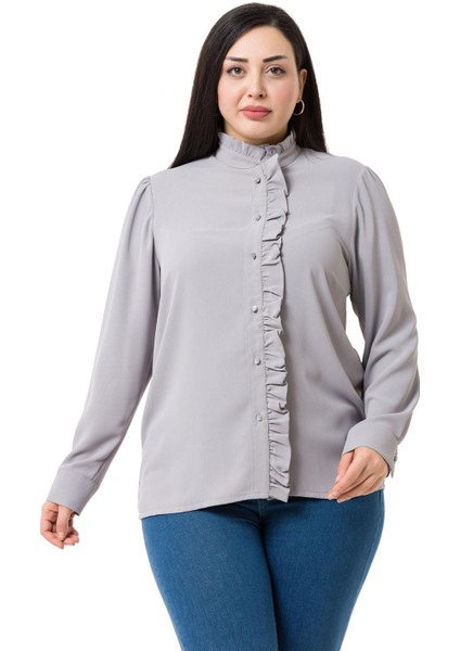 Büyük Beden Hakim Yaka Ön Patı ve Yakası Fırfırlı Gri Gömlek