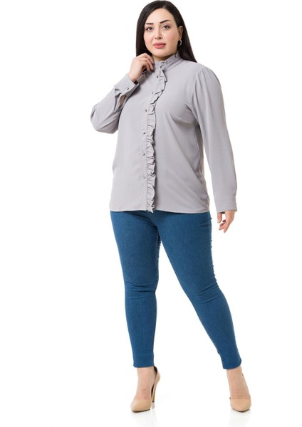 Büyük Beden Hakim Yaka Ön Patı ve Yakası Fırfırlı Gri Gömlek fiyatları