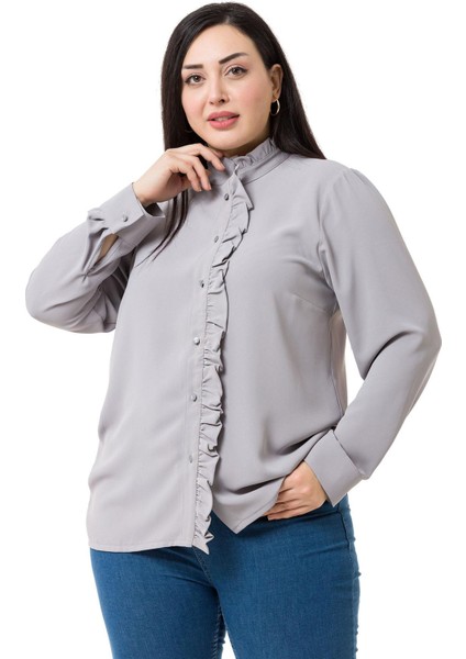 Büyük Beden Hakim Yaka Ön Patı ve Yakası Fırfırlı Gri Gömlek fırsatları