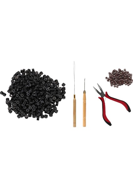 500 Adet Siyah 5mm Silikon Kaplı Mikro Halka Bağlantı Boncukları ve 1 Takım Saç Uzatma Aracı Kiti Kelepçe Kanca Çekme Pimi, Bağlantı Boncukları (Yurt Dışından)