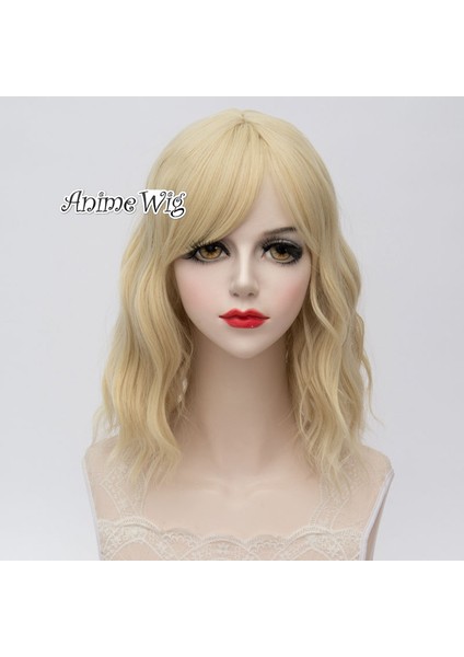232322947125 35CM Açık Sarışın Turuncu Açık Pembe Şerit Beyaz Kısa Kıvırcık Lolita Cosplay Peruk Bej (Yurt Dışından)