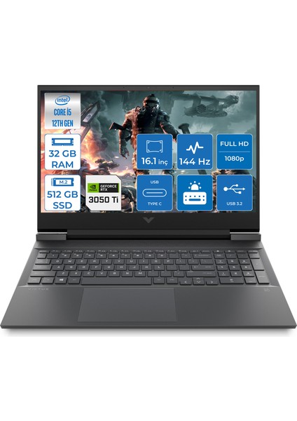 Victus 16-D1047NT Intel Core i5 12500H 32GB 512GB SSD RTX3050Ti Freedos 16.1" FHD Taşınabilir Bilgisayar