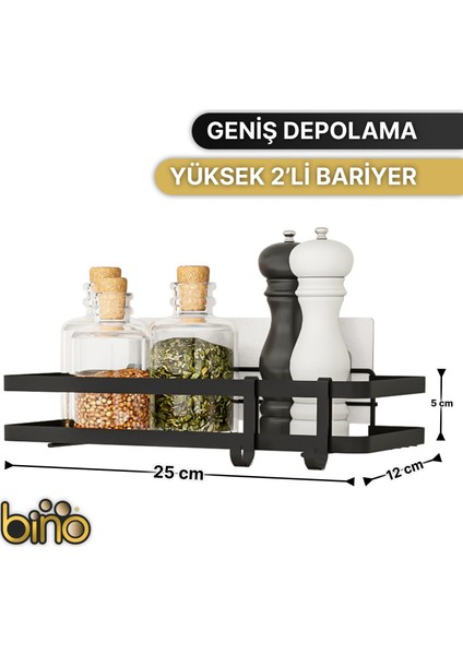 Mutfak Rafı 2'li Set Yapışkanlı Lüks Modern Siyah Metal Baharatlık Rafı Organizer Düzenleyici