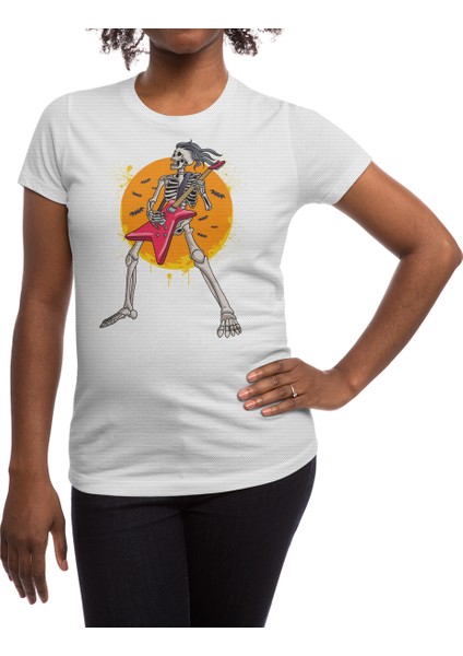 Skeleton Playing Guitar Pumpkin Beyaz Spor Tişört