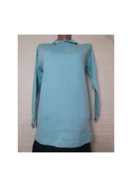 Su Yeşili Kolları ve Yakası Laci Çizgili Önü Yarım Düğmeli Sweatshirt