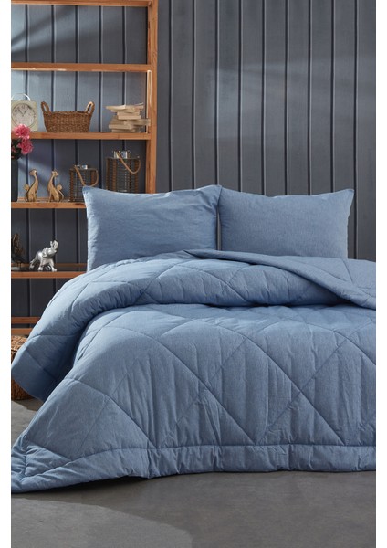 Tek Kişilik %100 Pamuk Kumaş Yorgan+Yastık / Mavi