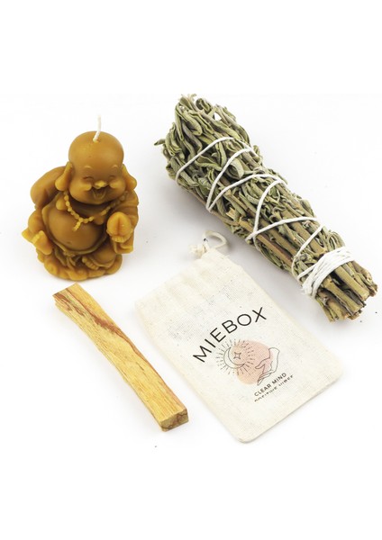 Enerji ve Mutlu Buda Seti: Palo Santo Tütsü - Balmumu Buda Mum - Adaçayı Tütsü Demeti