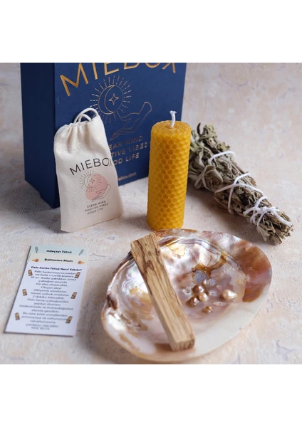 Mie Box Macabeli Enerji Seti (Macabe Incili Sedef Tütsülük + Palo Santo Tütsü + Balmumu Mum + Adaçayı Tütsü Demeti + Kese + Tuz) Ritüel Kiti