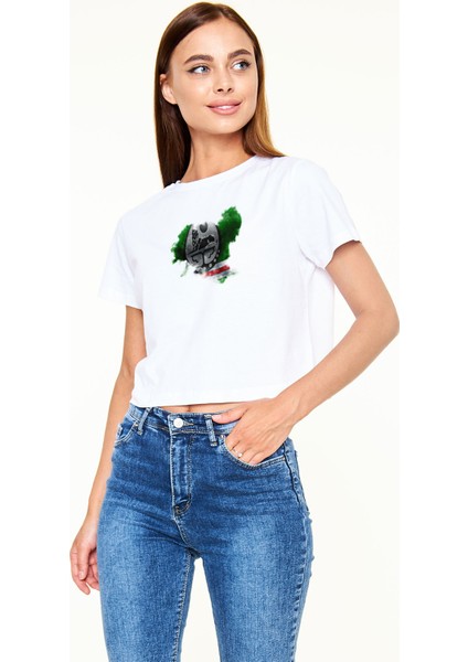 Tişört Fabrikası Çeçenistan Baskılı Beyaz Crop Top Kadın Tişört - Tshirt