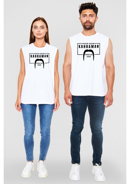 Tişört Fabrikası Babalar Günü Unisex Baskılı Beyaz Kolsuz Tişört - Tshirt