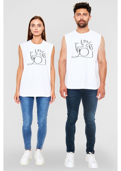 Tişört Fabrikası Bateri Unisex Baskılı Beyaz Kolsuz Tişört - Tshirt