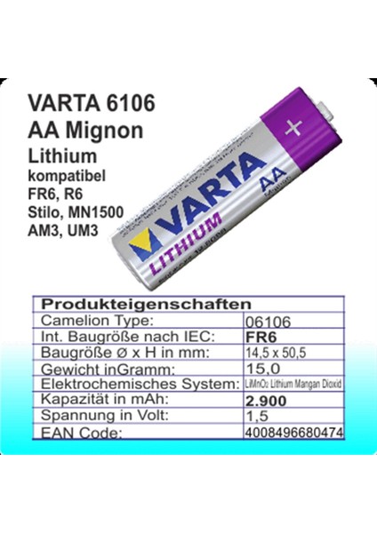 Lityum 6106 Aa Kalem Pil 2li Blister Ambalaj fiyatları