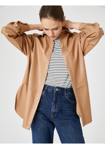Deri Görünümlü Gömlek Ceket Çıtçıtlı Yırtmaç Detaylı