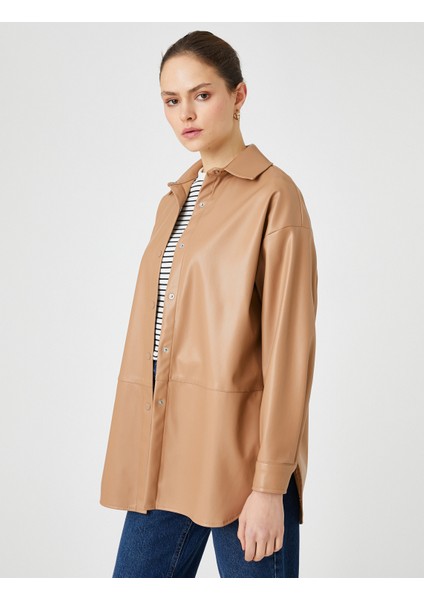 Deri Görünümlü Gömlek Ceket Çıtçıtlı Yırtmaç Detaylı modelleri