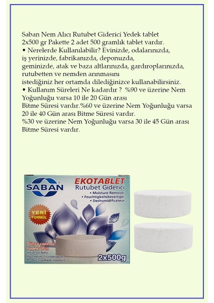 Saban nem Alıcılı ve Rutubet Giderici Yedek Tablet 2X500 gr Naturel 3'lü Paket