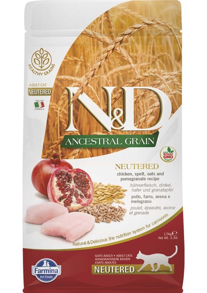 N & D Nd Ancestral Grain Kısır Düşük Tahıllı Tavuk ve Narlı Kısırlaştırılmış Kedi Maması 1,5 kg